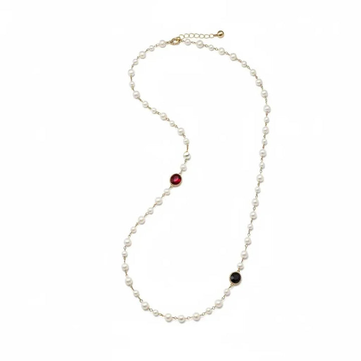 ✨ Long Freshwater Pearl Necklace with Red & Green Crystal Accents ✨