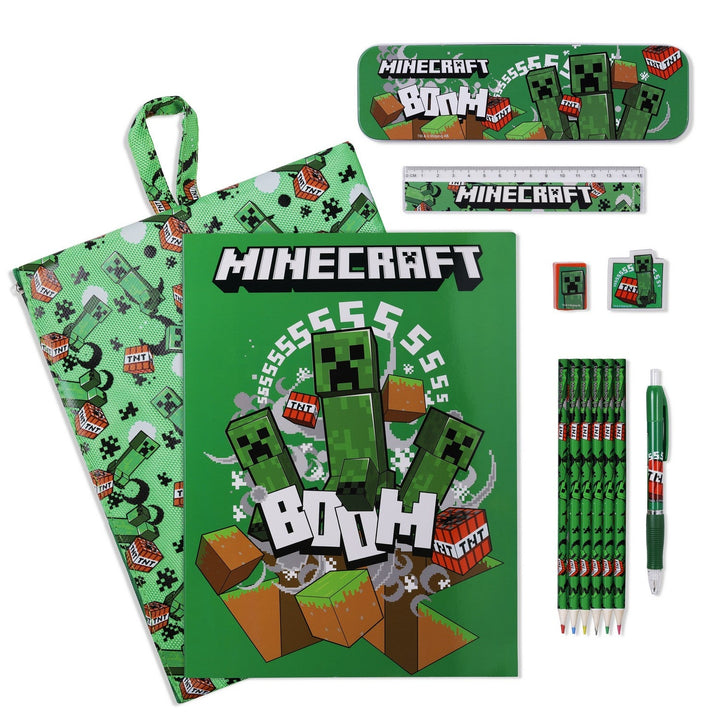 Gaming 12 Piece Bumper Stationery Set In Reusable Minecraft Green Bag MC00040