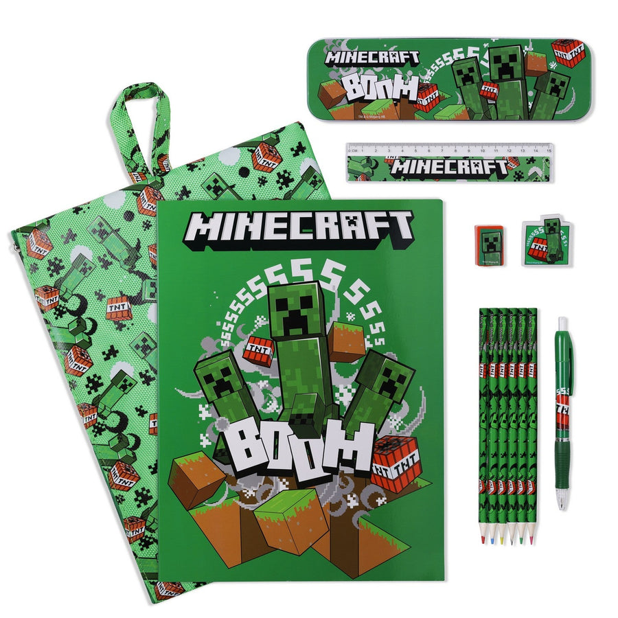 Gaming 12 Piece Bumper Stationery Set In Reusable Minecraft Green Bag MC00040
