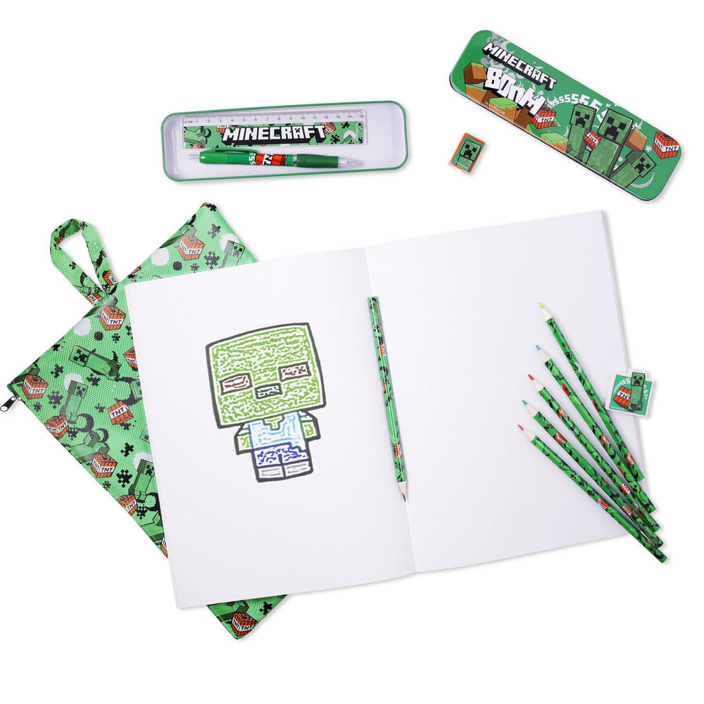 Gaming 12 Piece Bumper Stationery Set In Reusable Minecraft Green Bag MC00040