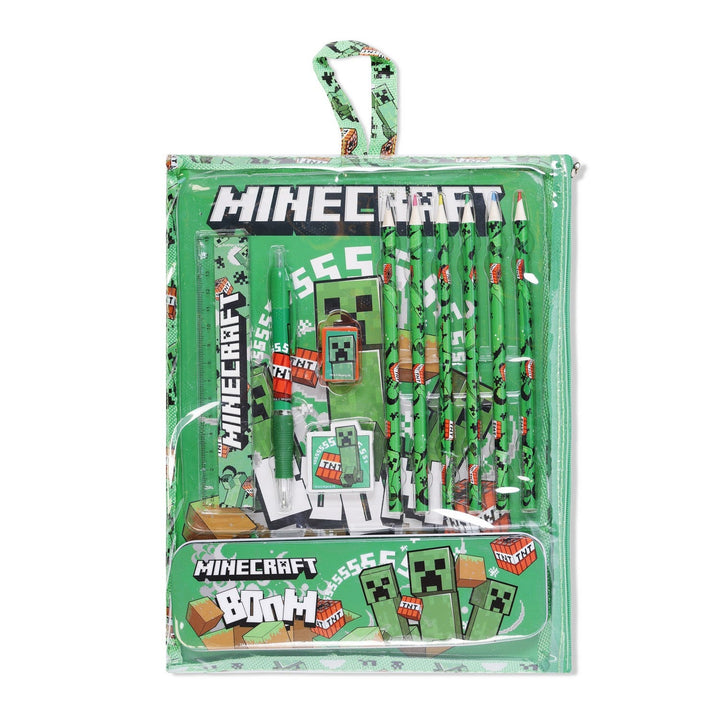 Gaming 12 Piece Bumper Stationery Set In Reusable Minecraft Green Bag MC00040