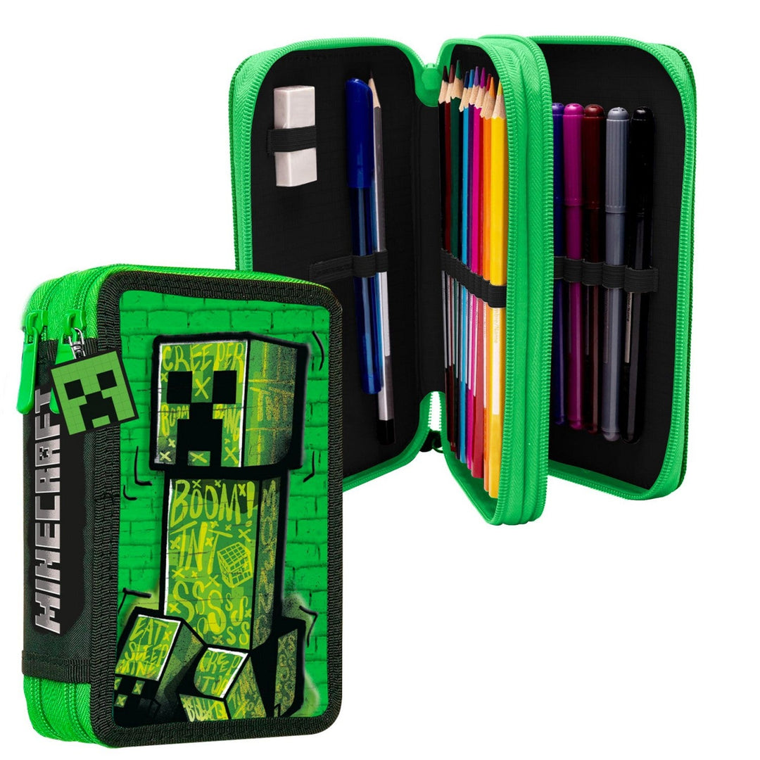 Gaming 2 Zip Pencil Case With Stationary Minecraft Green Set MC00054