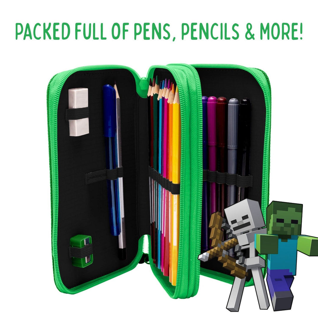 Gaming 2 Zip Pencil Case With Stationary Minecraft Green Set MC00054