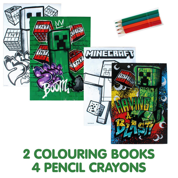 Collage of Minecraft-themed colouring books and pencils on a white background