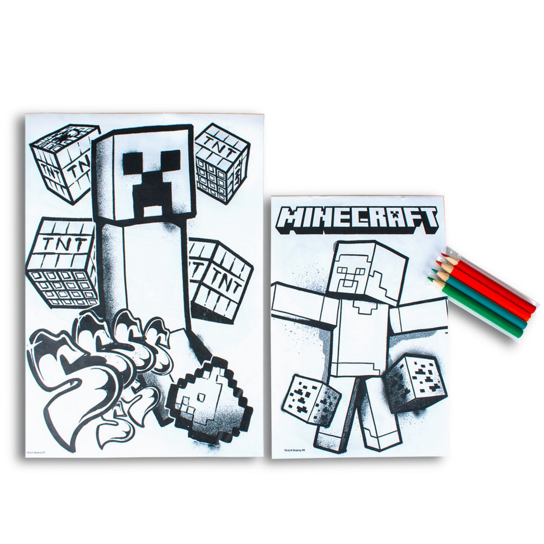 Two Minecraft-themed coloring pages with a character and TNT blocks, accompanied by colored pencils on a white background.