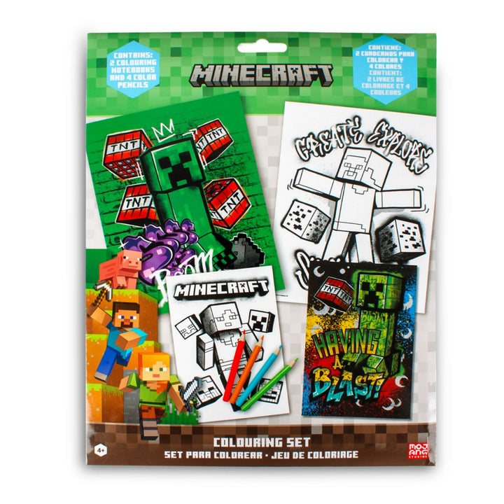 Minecraft coloring set with characters and coloring pages on packaging