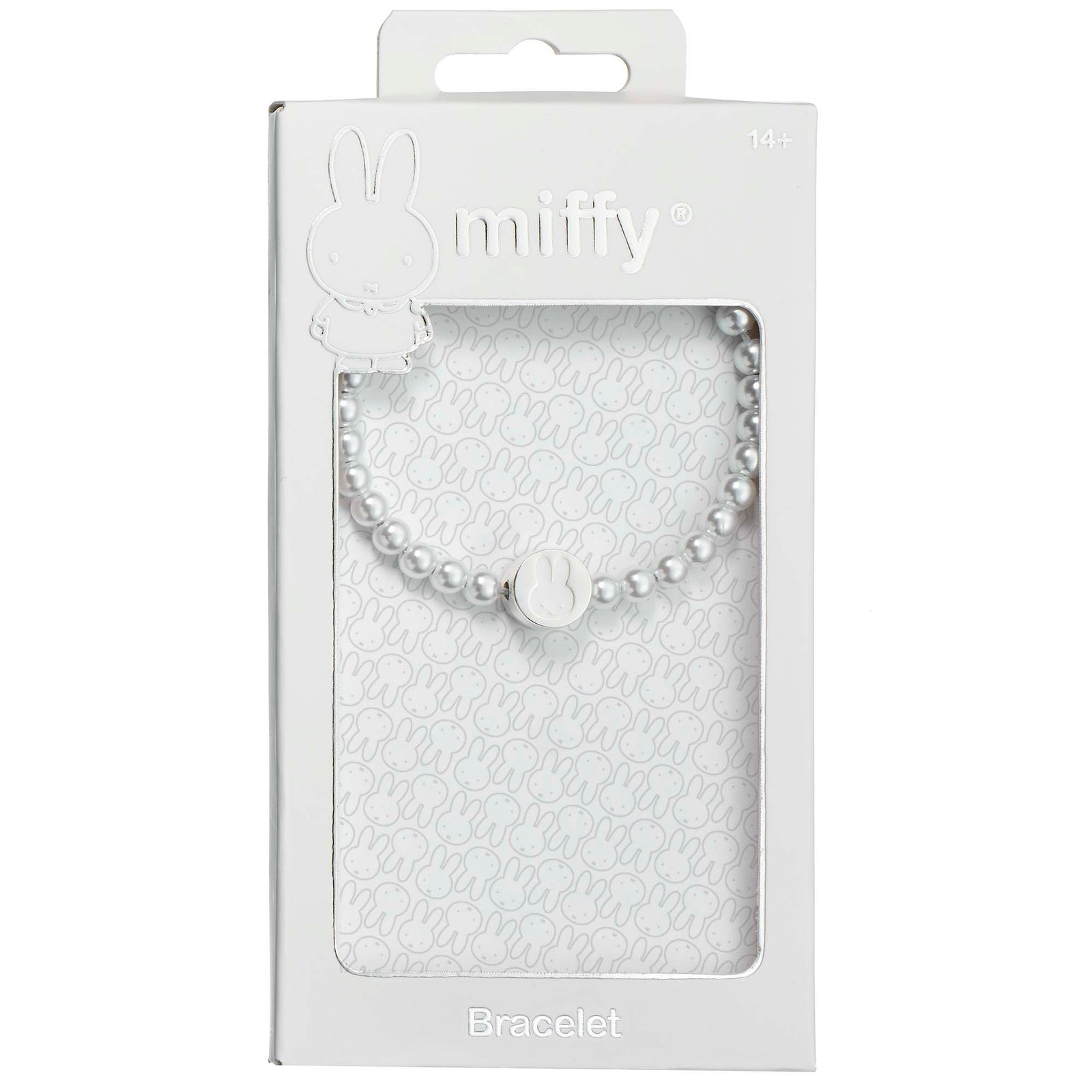 Pearl bracelet with a silver bunny charm on a white background