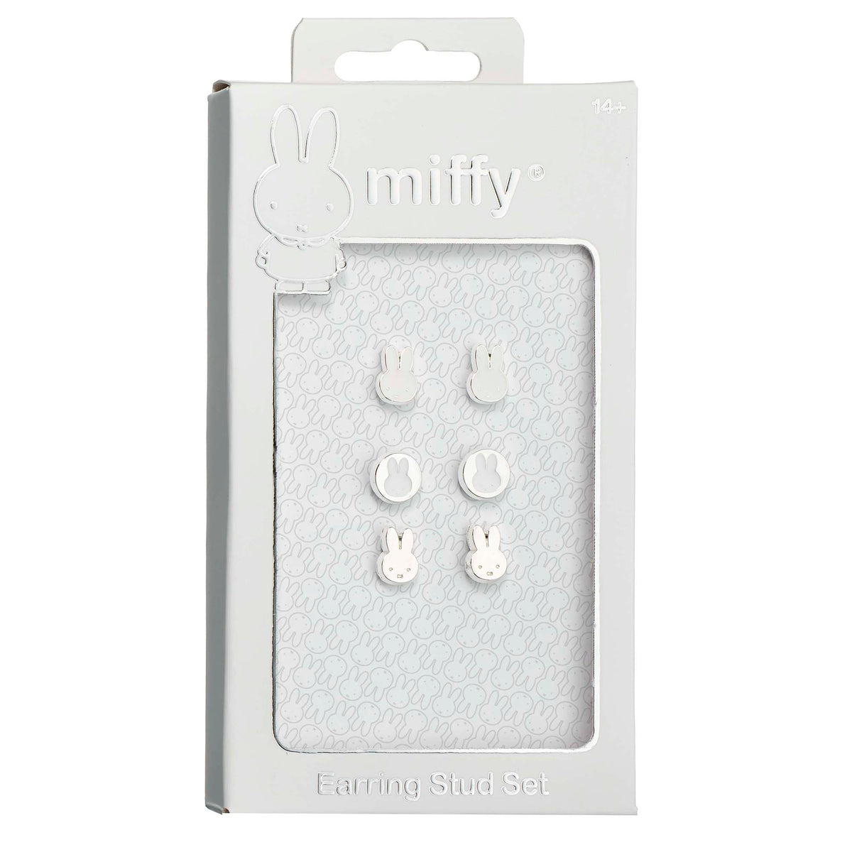Packaged earring set with 'miffy' branding on a white background