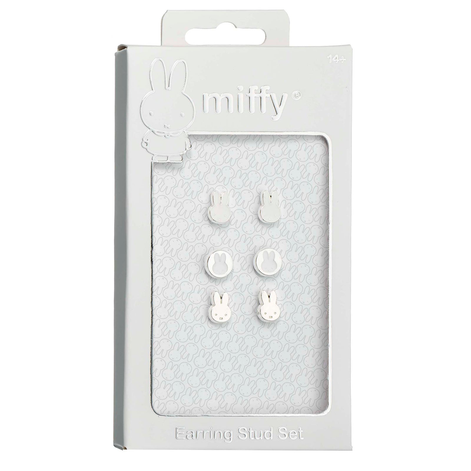 Packaged earring set with 'miffy' branding on a white background