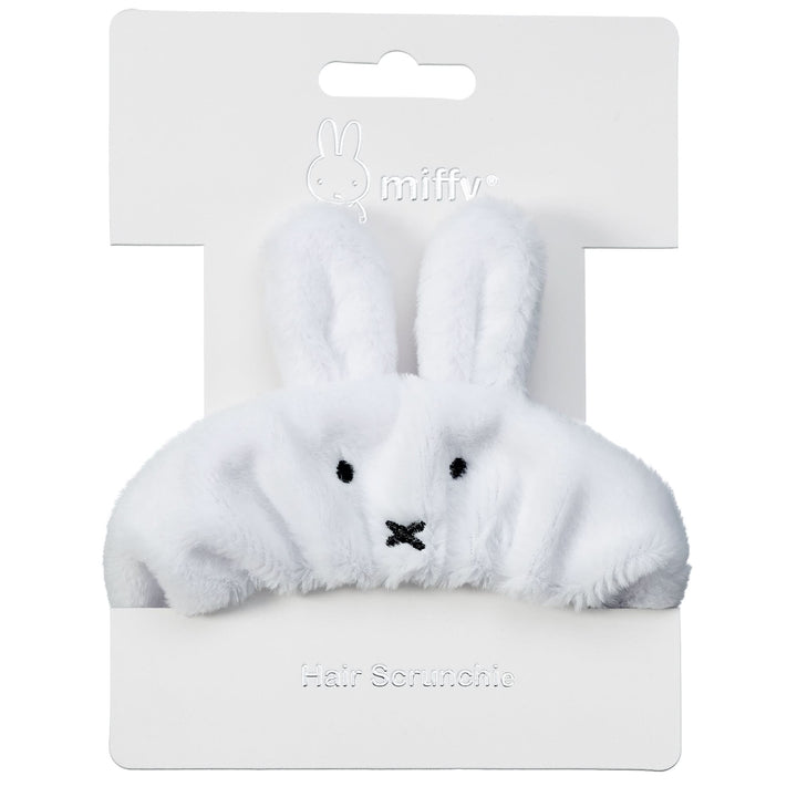 White bunny-shaped hair scrunchie on a white background with 'miffy' branding.