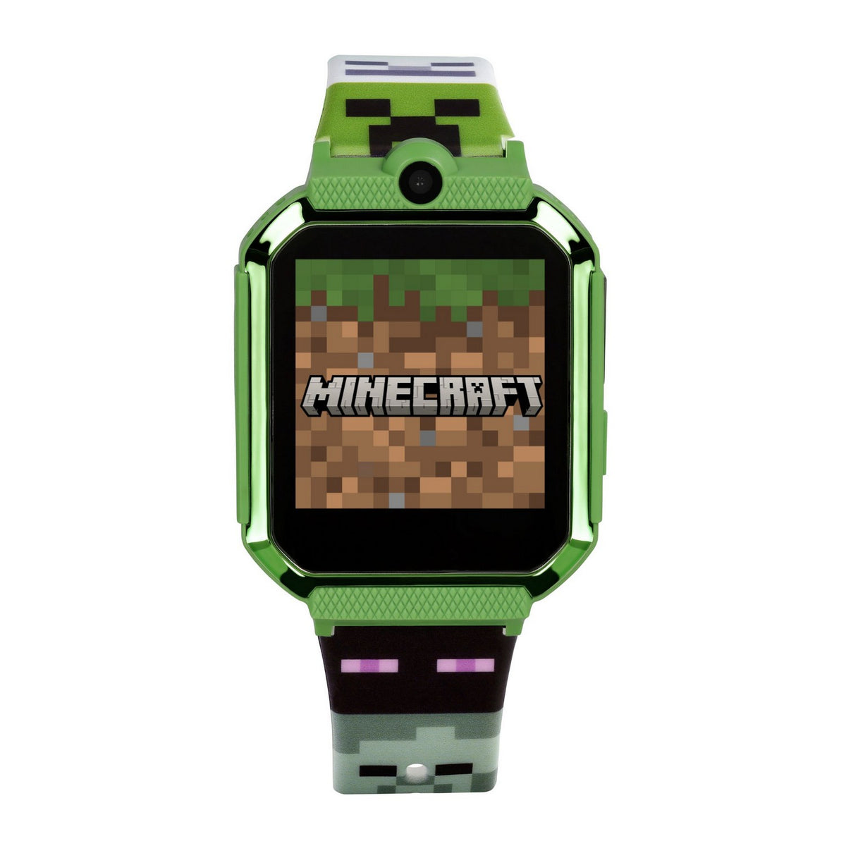 Green Minecraft-themed smartwatch on a white background