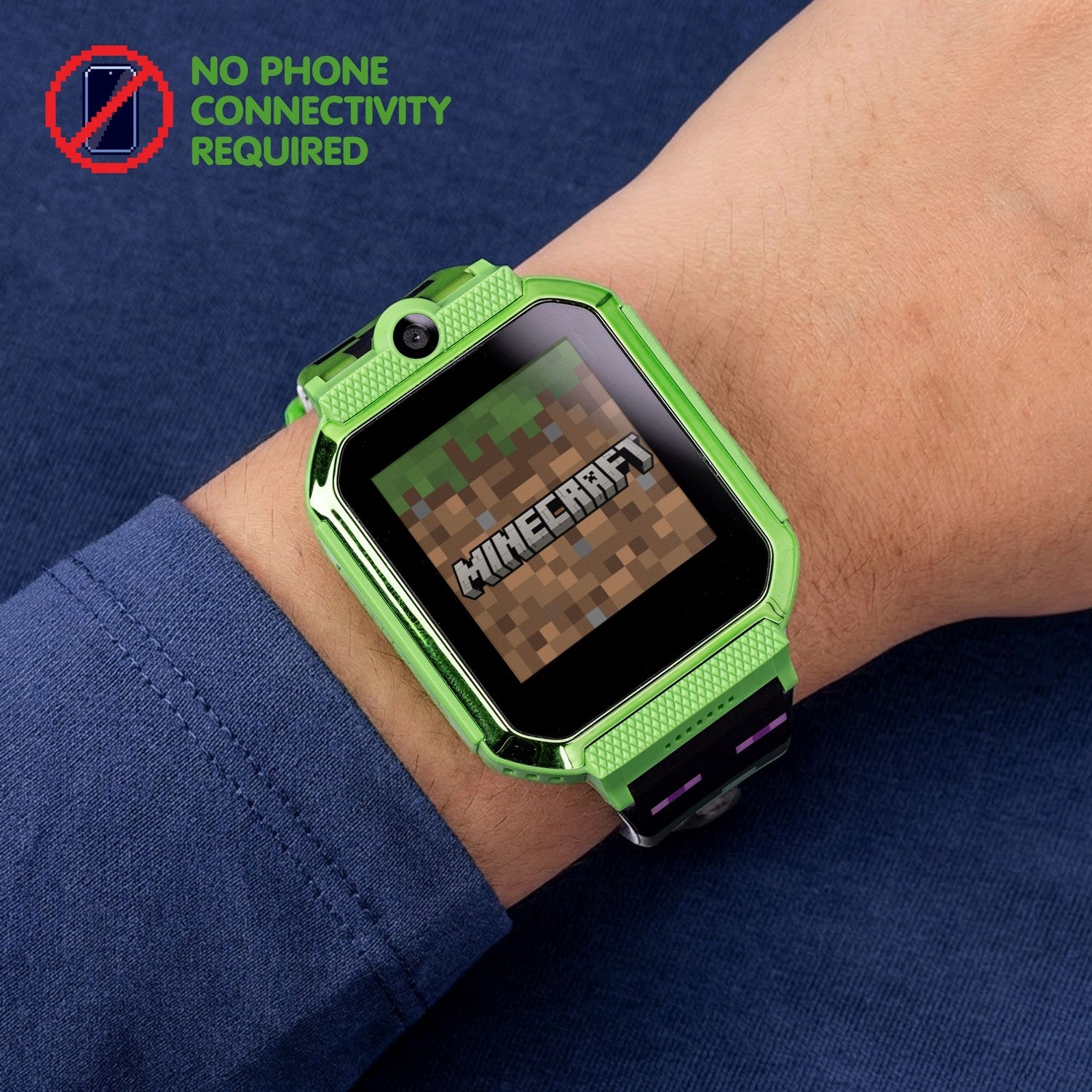 Green Minecraft-themed smartwatch on a wrist with 'No Phone Connectivity Required' text above.