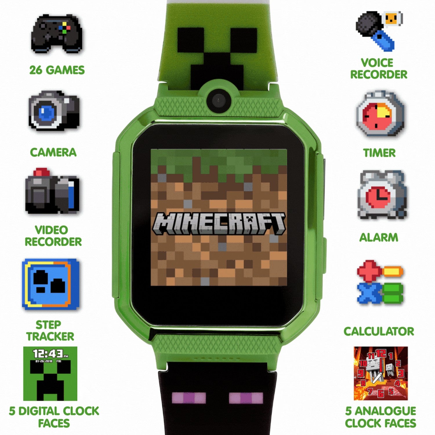 Green Minecraft-themed smartwatch on a white background