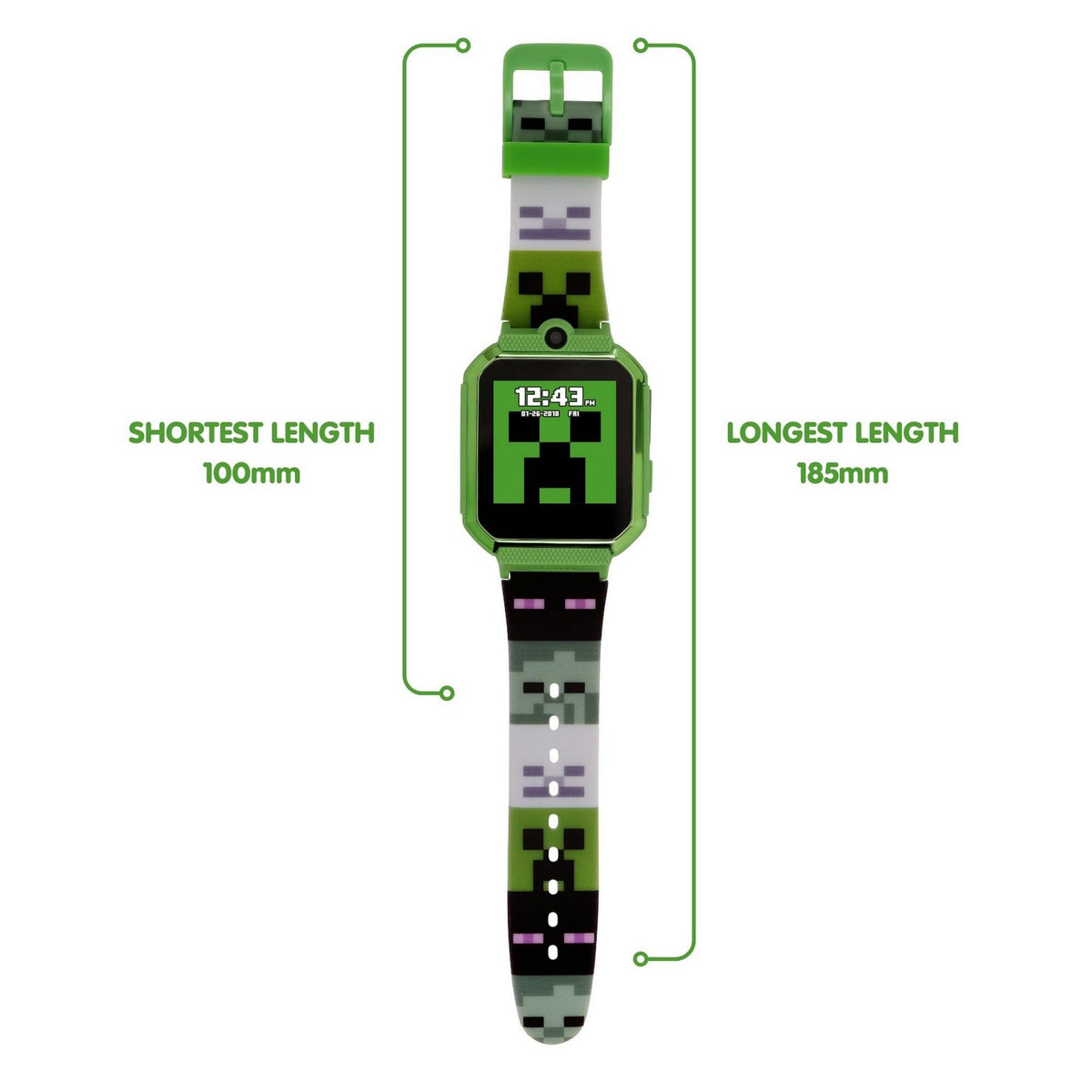 Minecraft-themed digital watch with dimensions on a white background