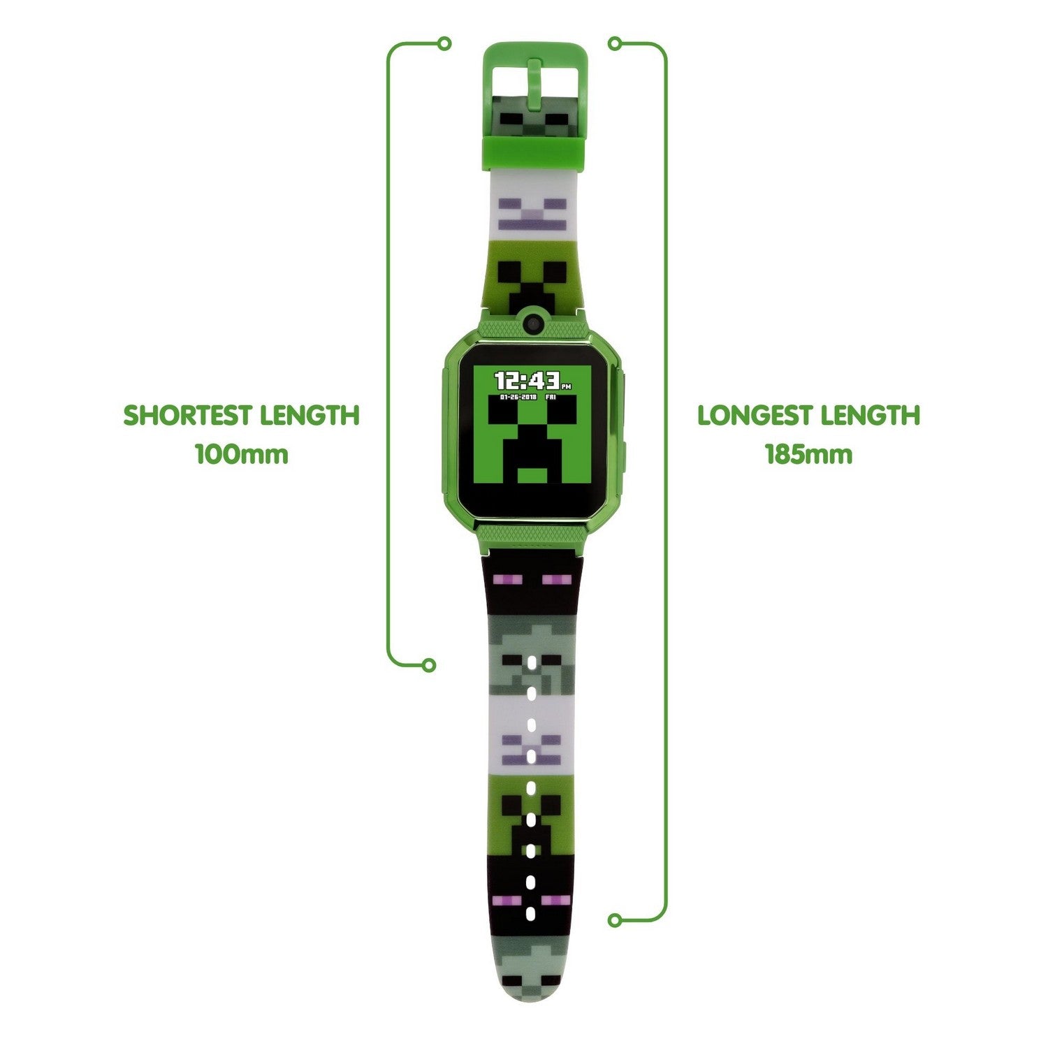 Minecraft-themed digital watch with dimensions on a white background