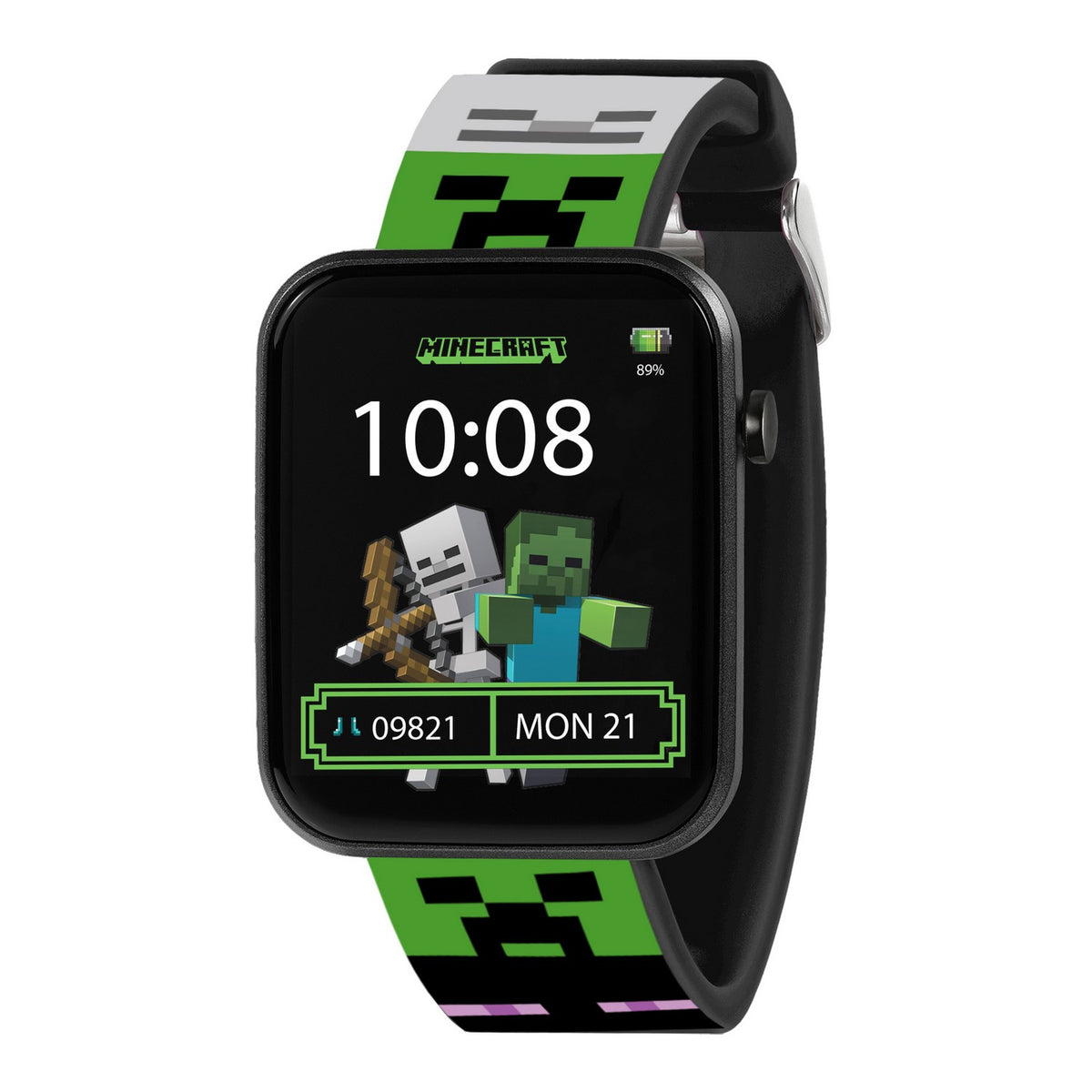 Smartwatch with Minecraft-themed band on a white background