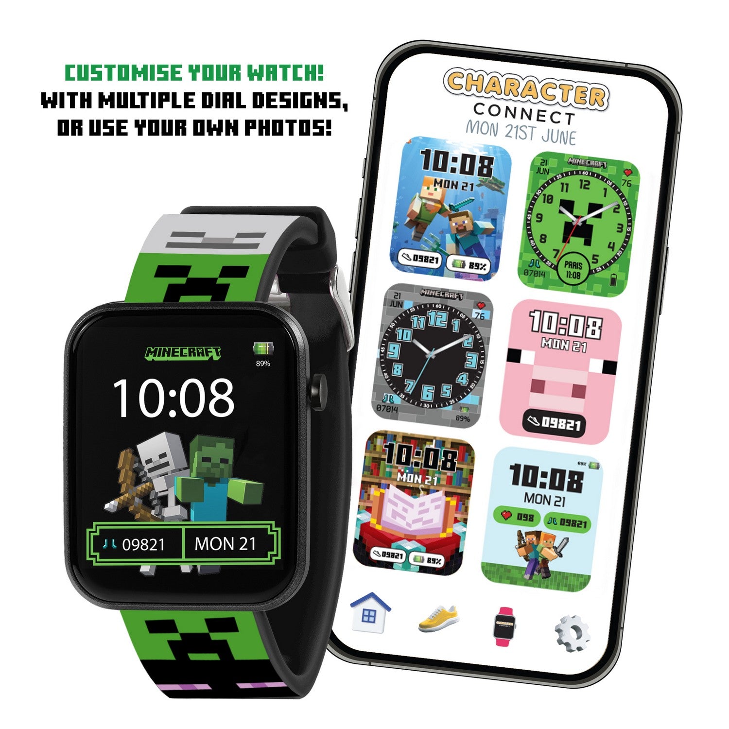 Smartwatch with Minecraft design and phone displaying customizable watch faces.