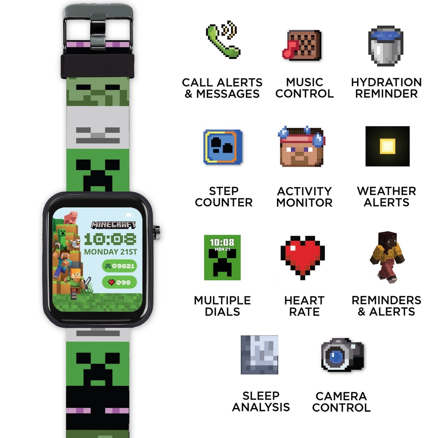 Smartwatch with Minecraft-themed band on a white background