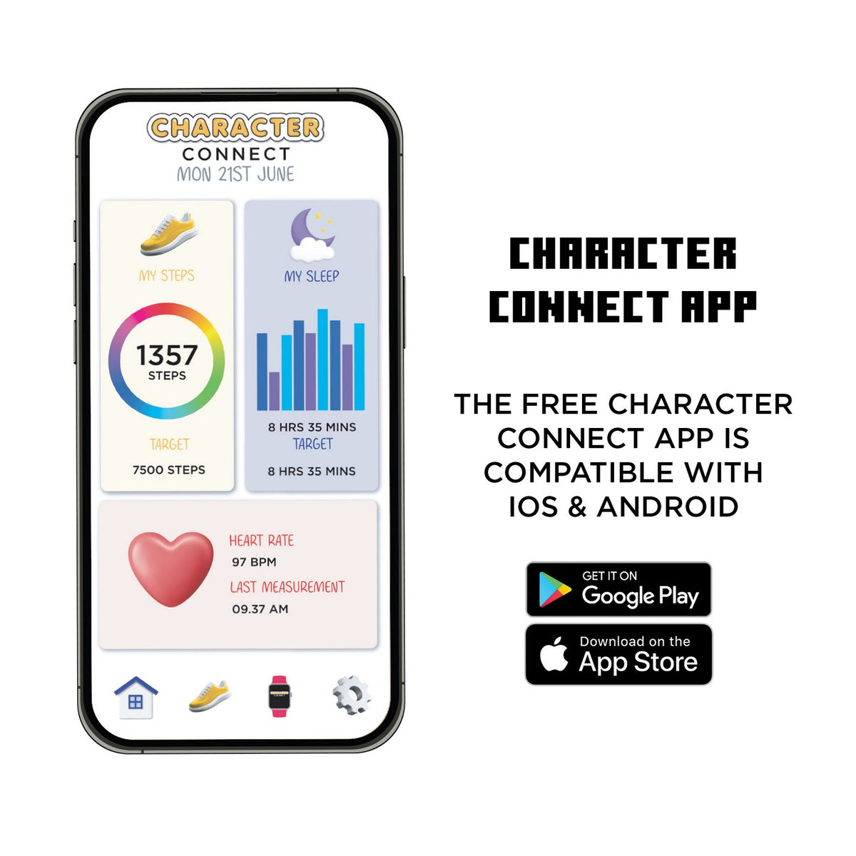 Character Connect app on a smartphone screen with app store download buttons.