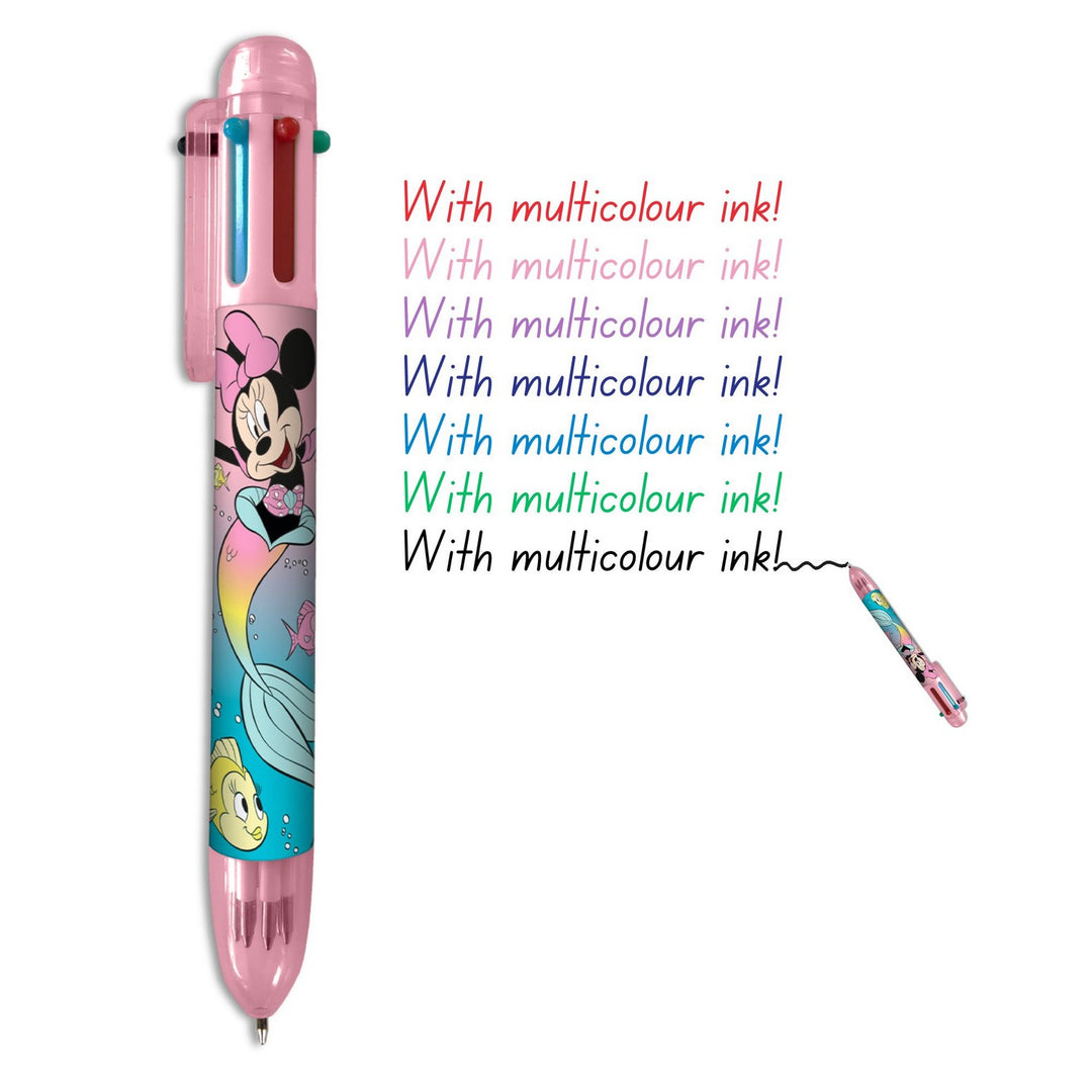 Pink pen with cartoon character, multicolor ink text on white background