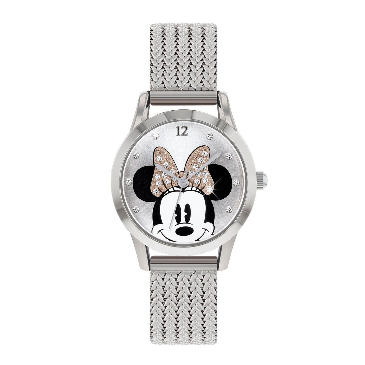 Disney Mickey &amp; Minnie Mouse Silver Stainless Steal Mesh Strap Sterling Watch MN8008