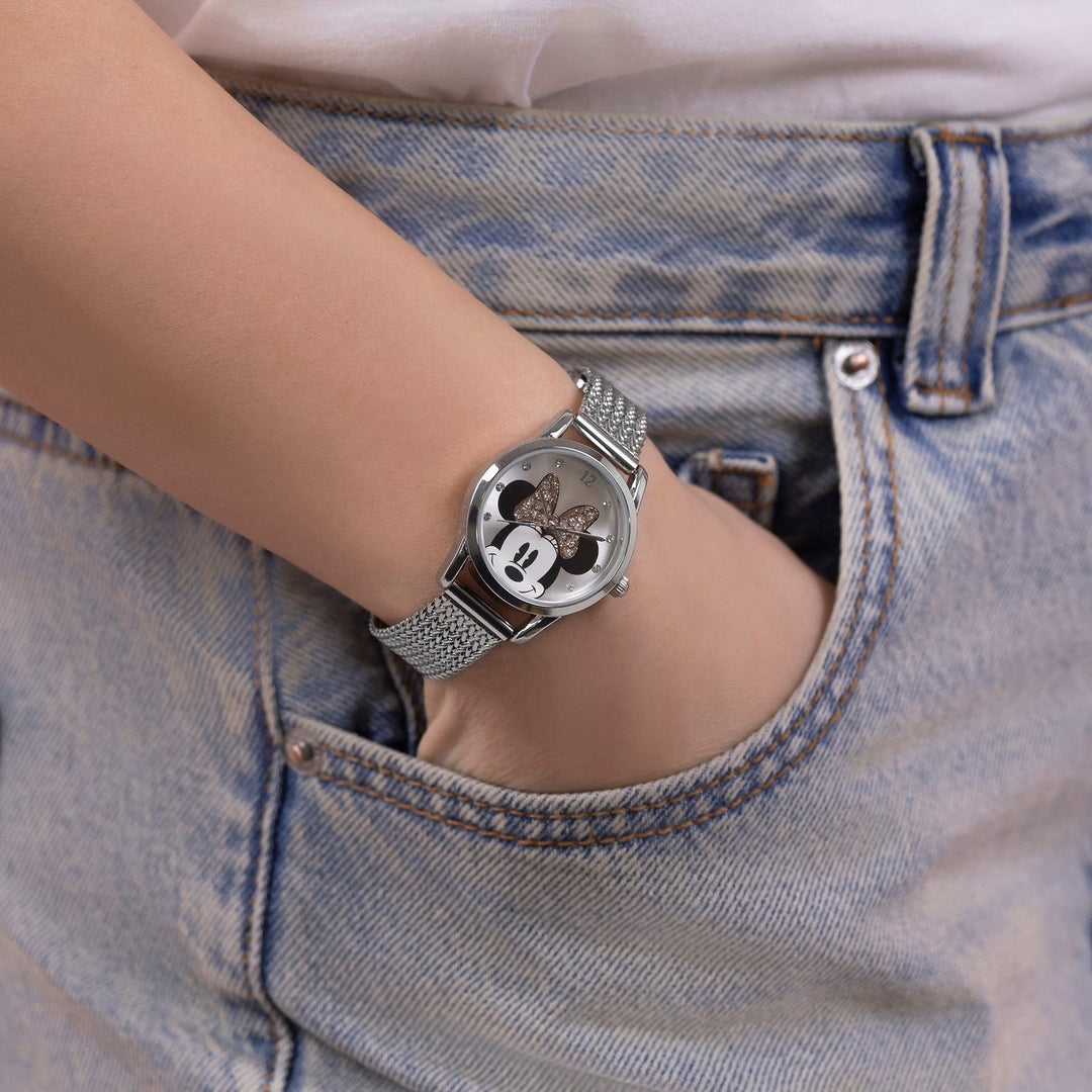 Disney Mickey & Minnie Mouse Silver Stainless Steal Mesh Strap Sterling Watch MN8008