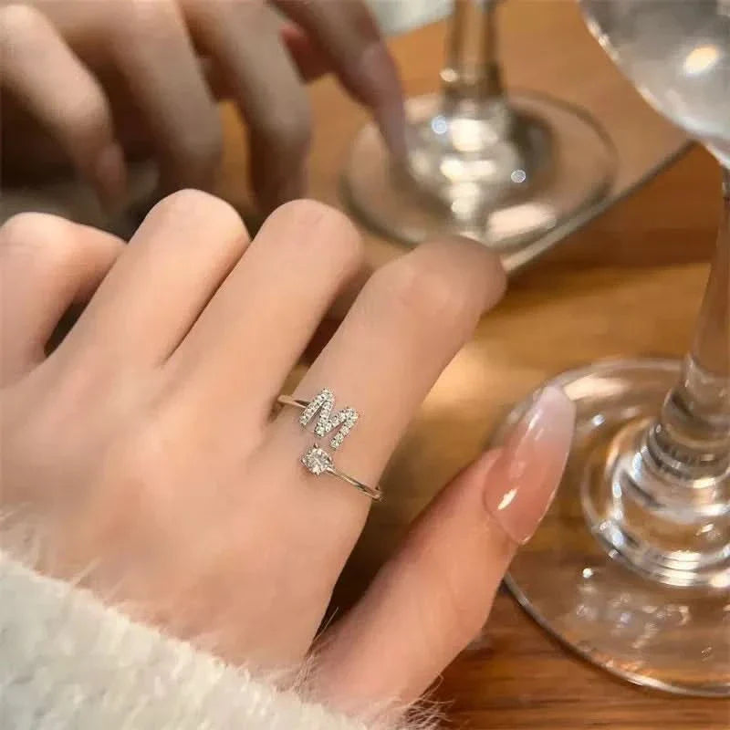 Diamond Initial Letter Silver Ring
