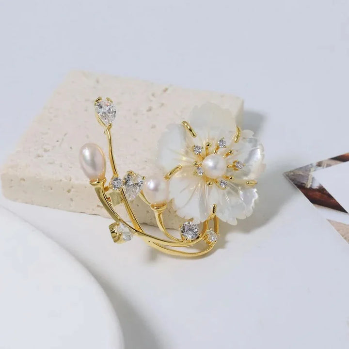 Mother Shell Floral Pearl Brooch