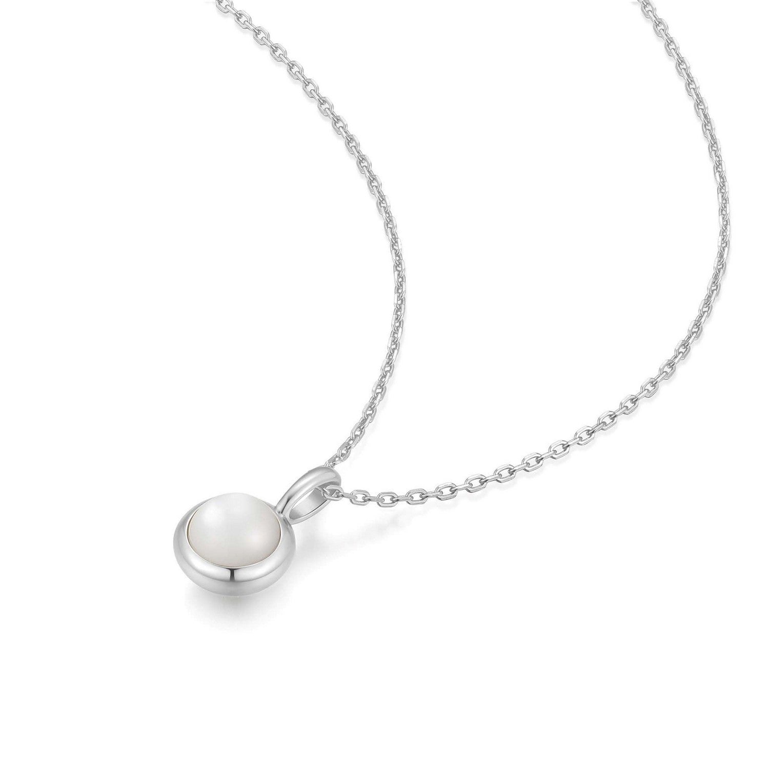 Silver necklace with a round pendant on a white background