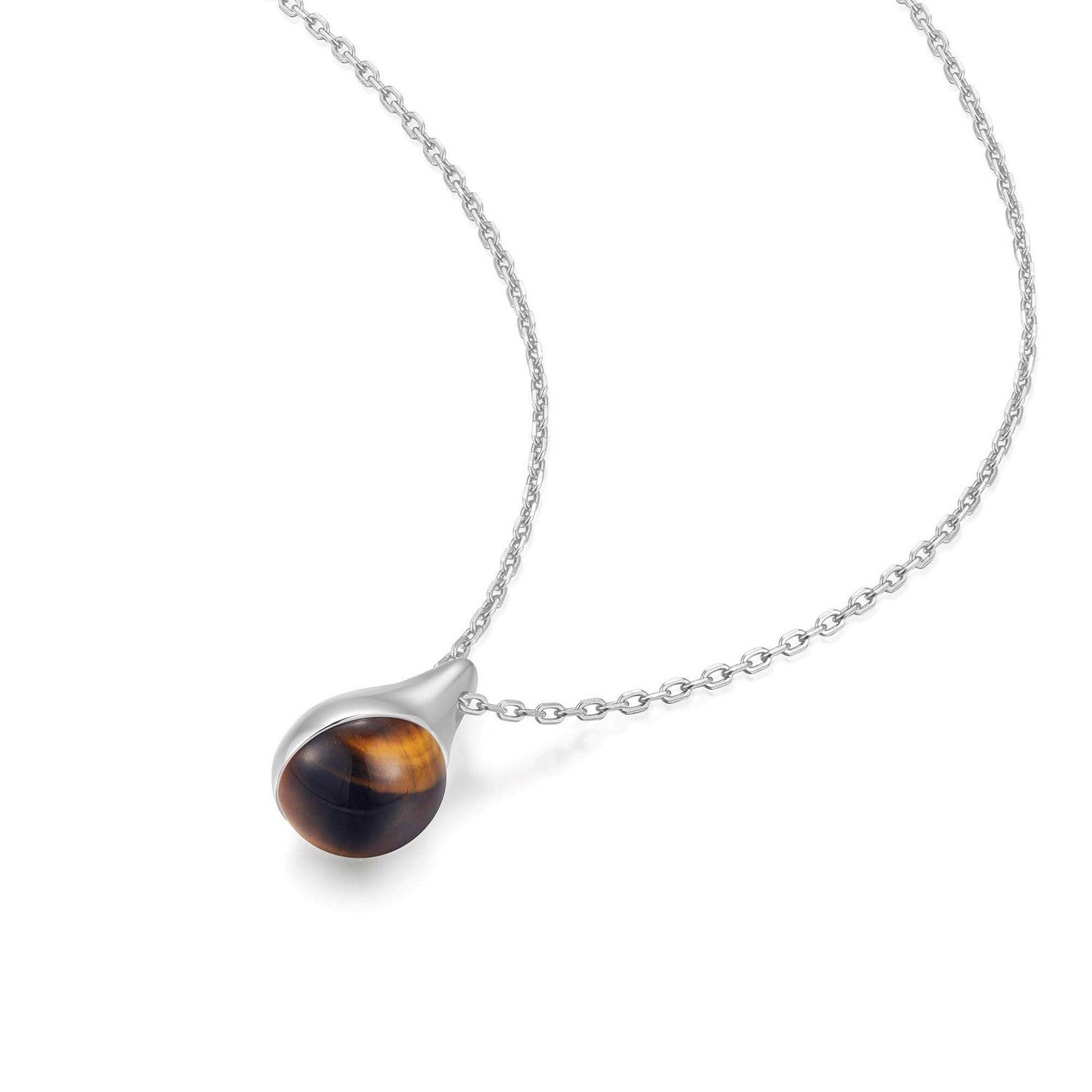 Necklace with a teardrop-shaped tiger's eye pendant on a white background