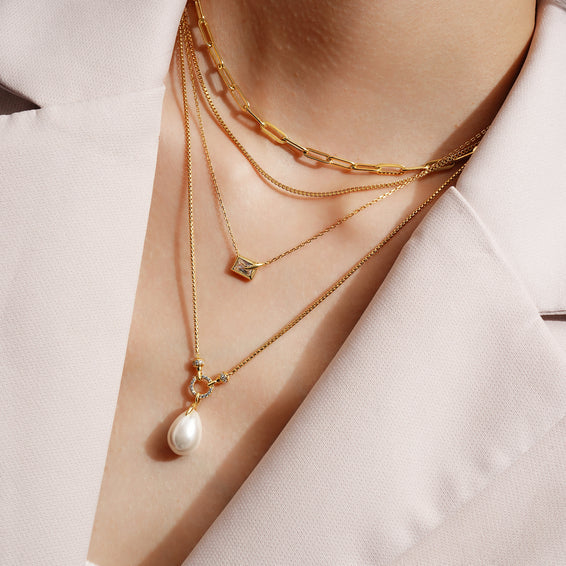 Gold Linked Shell Pearl Drop Pendant Necklace N069-05G