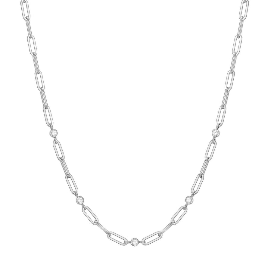 Silver Bezel Station Paper Clip Chain Necklace N069-07H