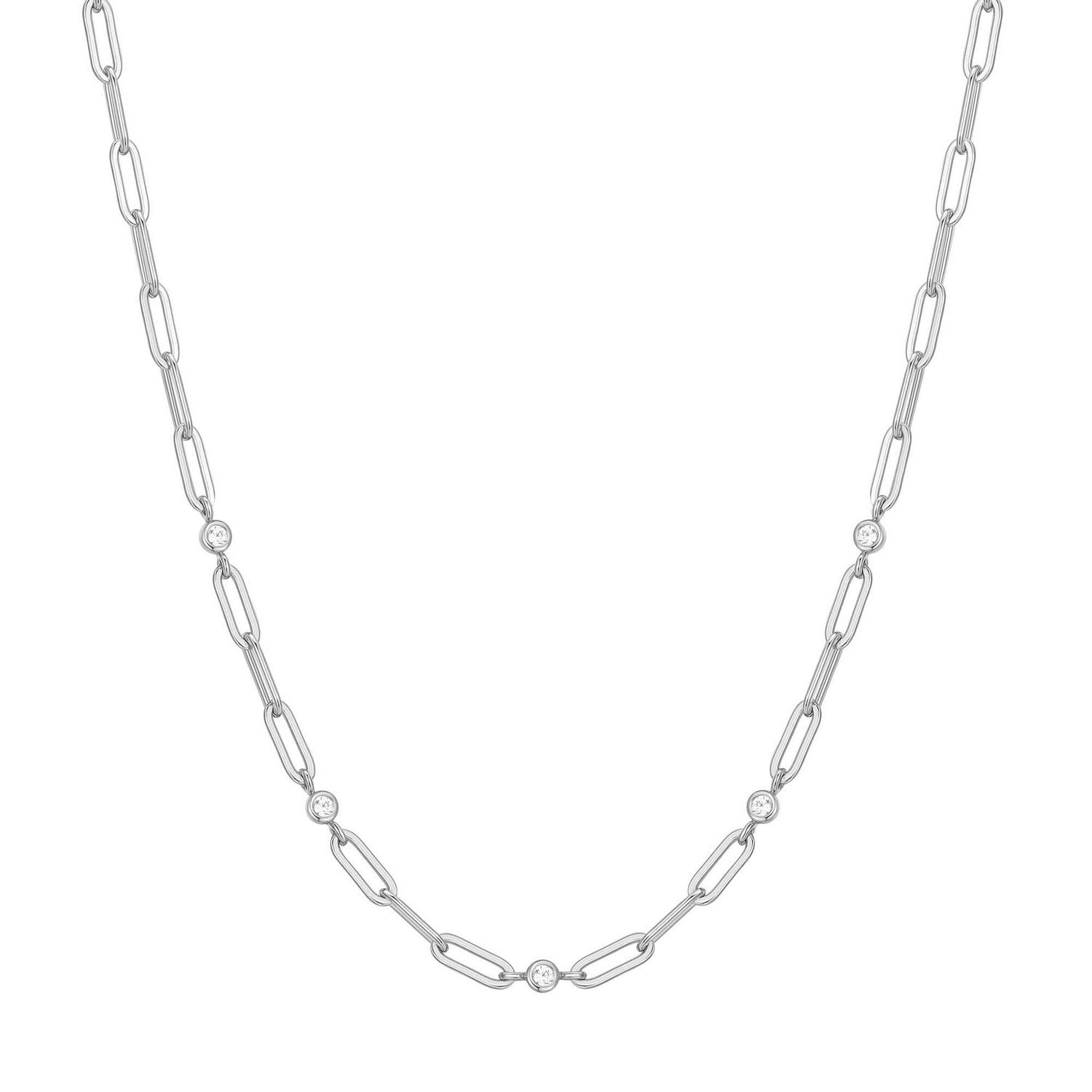 Silver Bezel Station Paper Clip Chain Necklace N069-07H