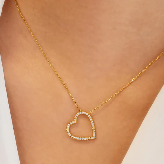 Gold heart-shaped necklace on a person's neck against a neutral background