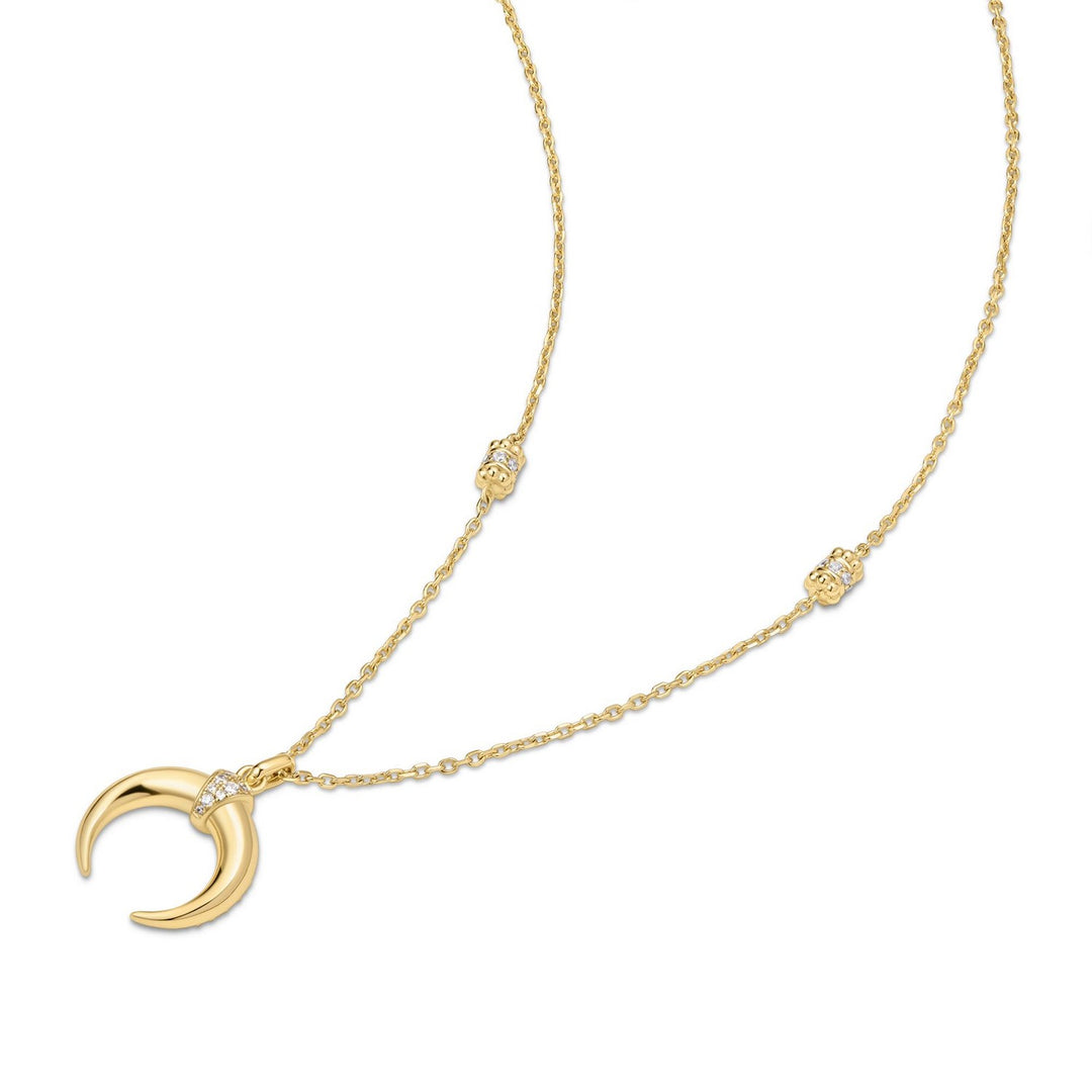 Gold necklace with a crescent moon pendant on a white background