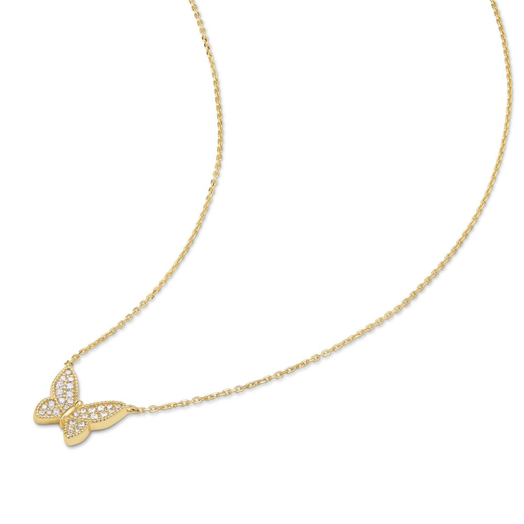 Gold butterfly necklace on a white background
