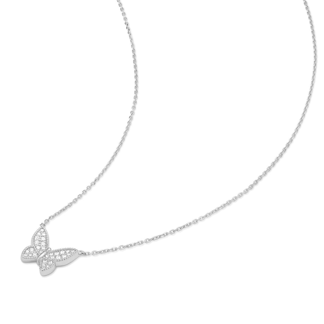Silver butterfly necklace on a white background