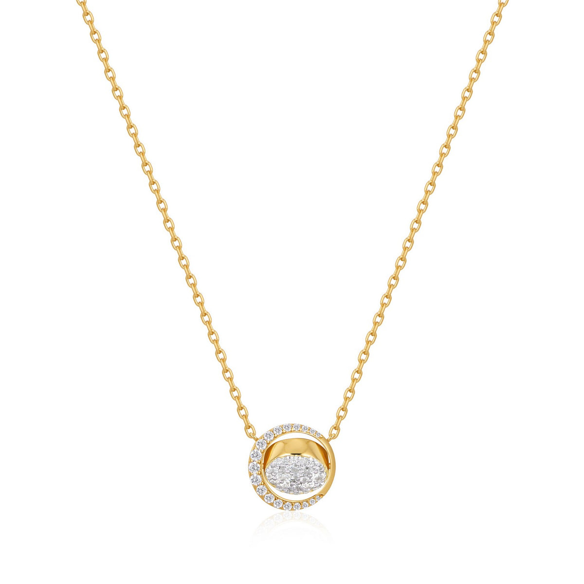 Gold necklace with a round pendant on a white background