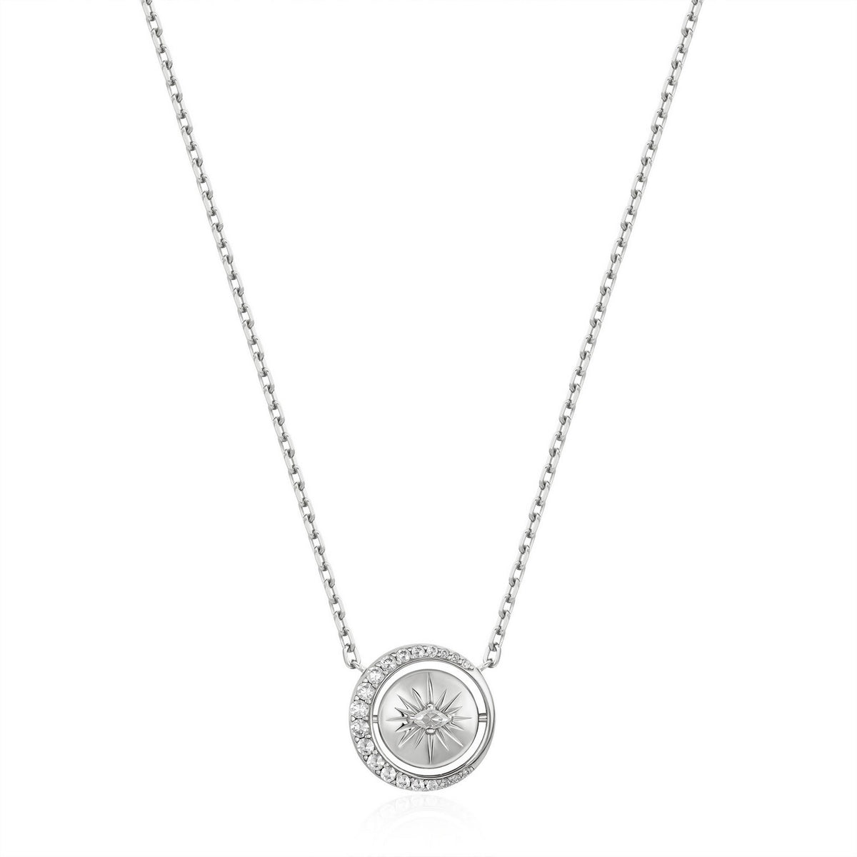 Silver necklace with a round pendant on a white background