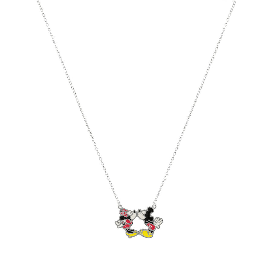 Silver 18" Link At 16" Enamel Kissing Mickey & Minnie Mouse Necklace N903275SL-18.PH