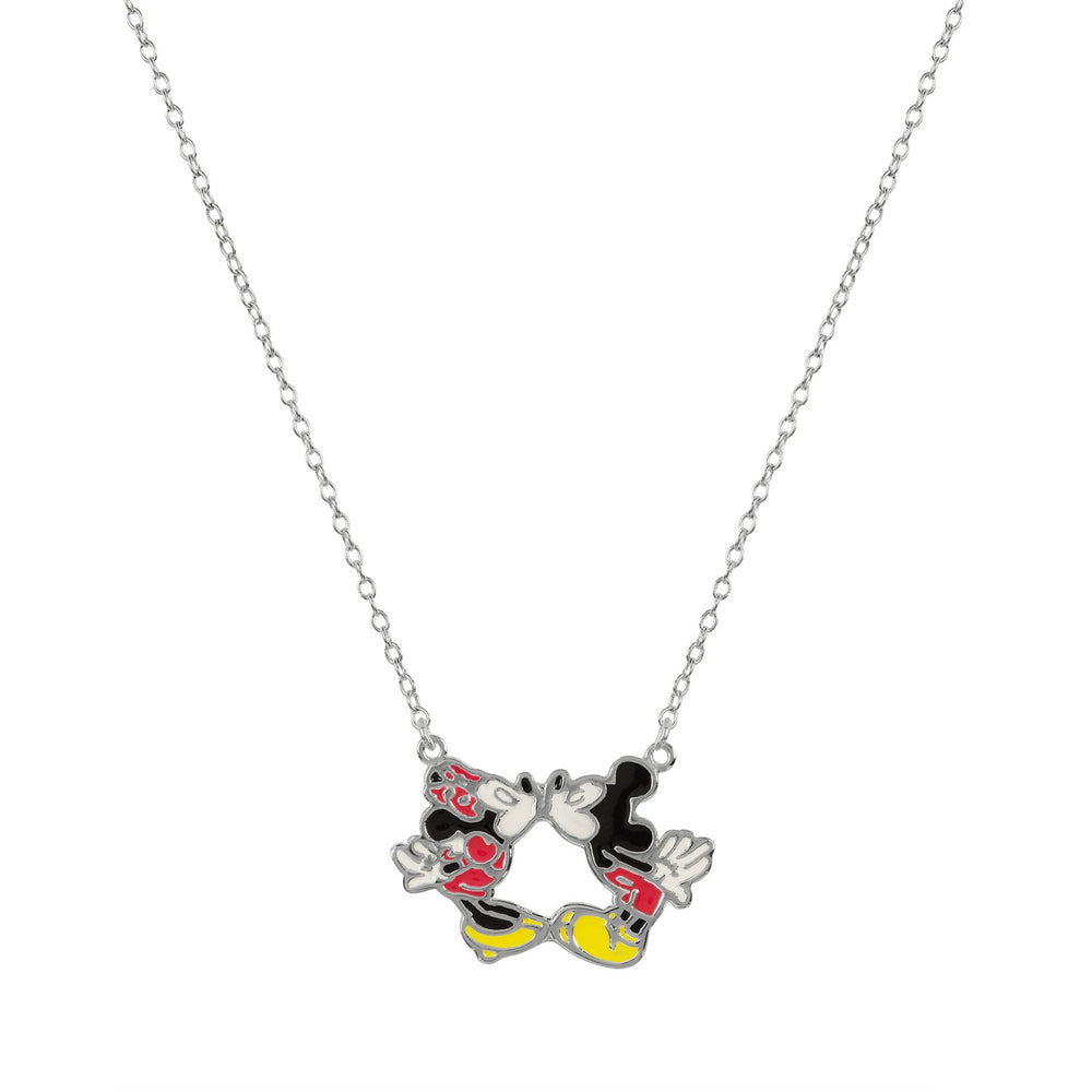 Silver 18" Link At 16" Enamel Kissing Mickey & Minnie Mouse Necklace N903275SL-18.PH