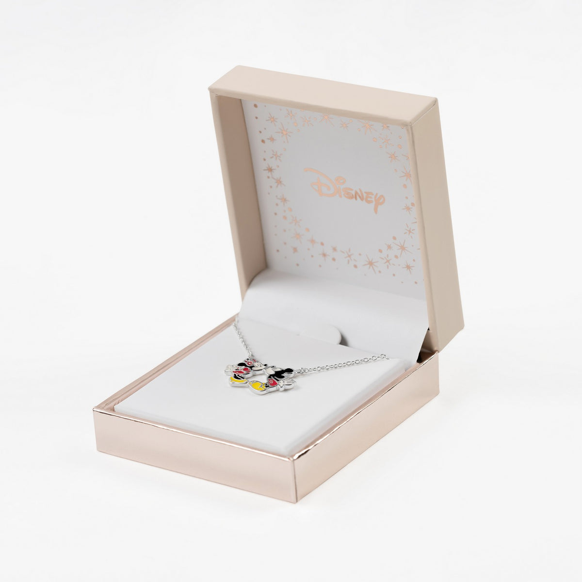 Necklace with a Disney character pendant in an open box on a white background