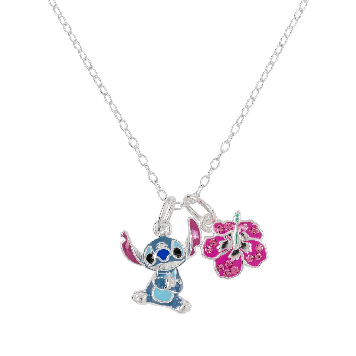 Disney Sterling Silver 925 18" Stitch And Flower Charm Necklace N905407SRML-18.PH