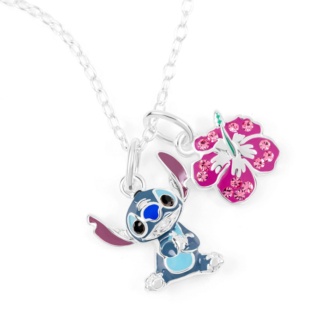 Disney Sterling Silver 925 18" Stitch And Flower Charm Necklace N905407SRML-18.PH