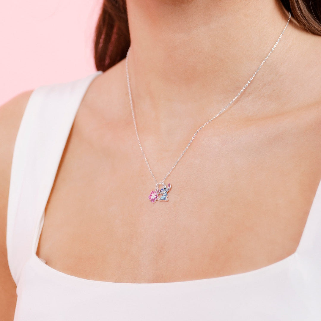 Disney Sterling Silver 925 18" Stitch And Flower Charm Necklace N905407SRML-18.PH