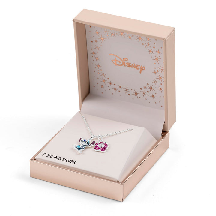 Disney Sterling Silver 925 18" Stitch And Flower Charm Necklace N905407SRML-18.PH