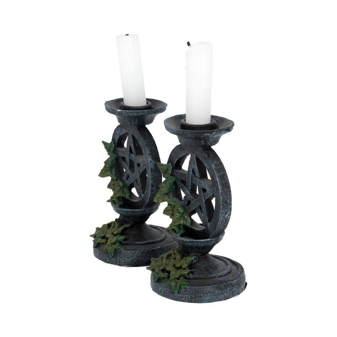 Pair of Aged Ivy Pentagram Candlesticks Gothic Candle Holders NEM5177