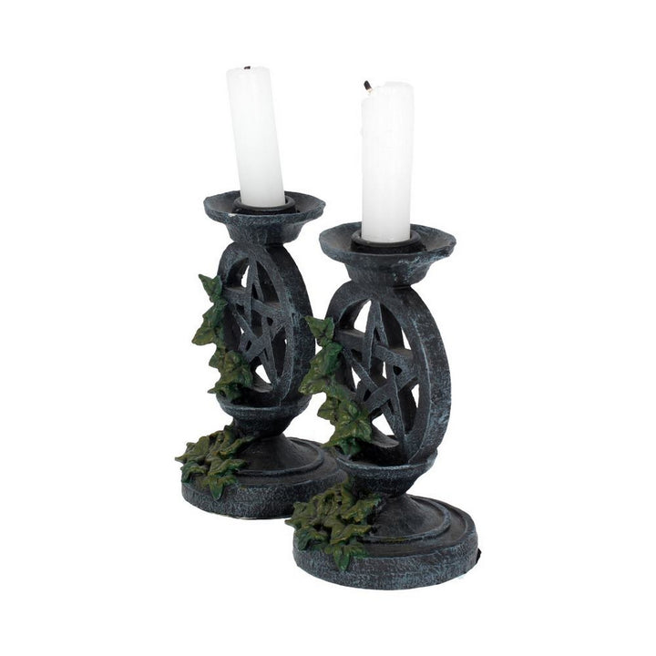 Pair of Aged Ivy Pentagram Candlesticks Gothic Candle Holders NEM5177