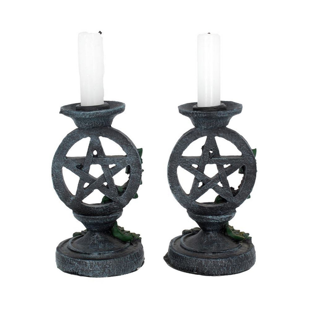 Pair of Aged Ivy Pentagram Candlesticks Gothic Candle Holders NEM5177