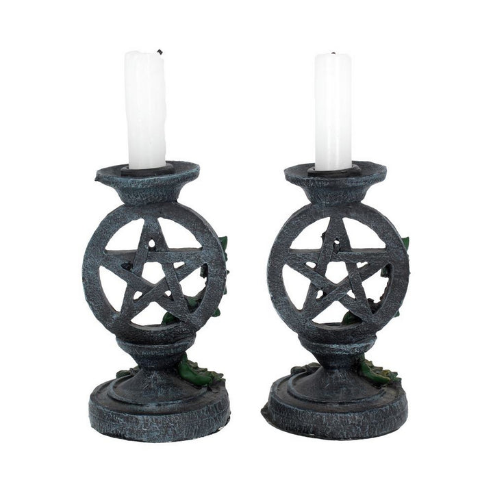 Pair of Aged Ivy Pentagram Candlesticks Gothic Candle Holders NEM5177